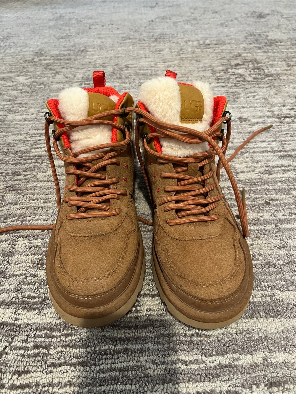UGG Women’s Tan Suede Shearling-Lined Ankle Boots with Red Accents